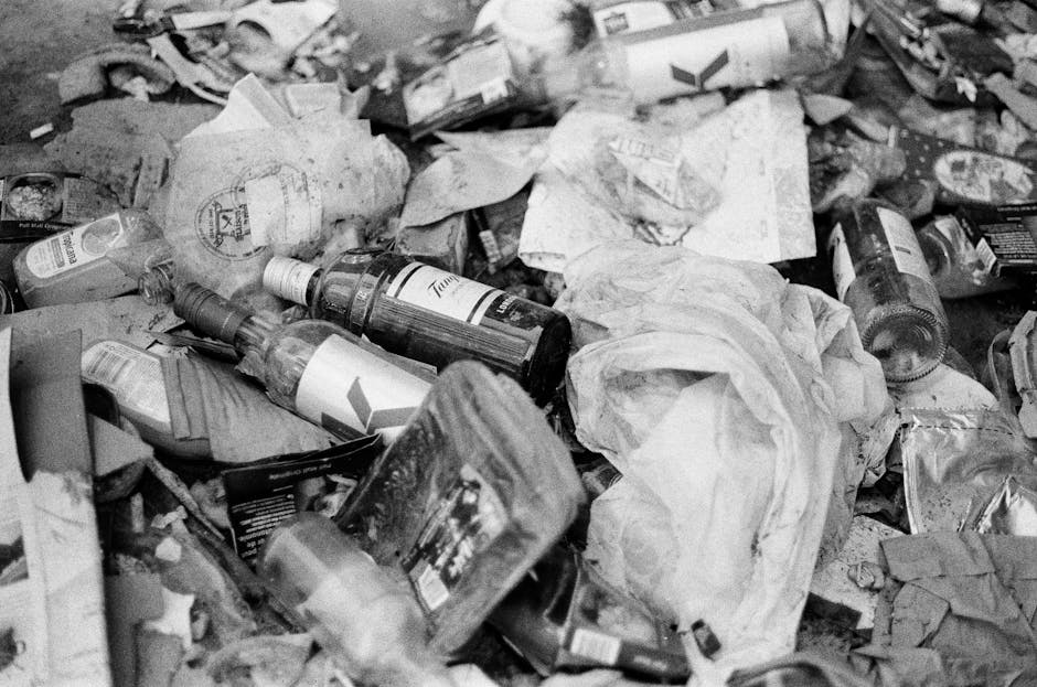 A pile of mixed domestic rubbish is scattered across a hard surface, consisting of various discarded items including plastic bottles, food containers, crumpled paper, and packaging materials. The plastic bottles are transparent with labels and caps, some appearing partially crushed or squeezed. There are crumpled tissue papers, paper bags, and cardboard packaging, all showing signs of wear and folding. The background reveals more waste items, including boxes and loose debris, creating a cluttered scene typical of unmanaged household refuse. The surface beneath the rubbish appears to be an outdoor driveway or pavement, with no visible waste bin or collection vehicle in the vicinity. The overall scene is devoid of any recycling or disposal machinery, emphasizing the need for effective rubbish removal services such as those provided by House Clearance Dulwich for private waste handling or alternative collection options, matching the context of rubbish collection timing and access issues for Dulwich homes.
